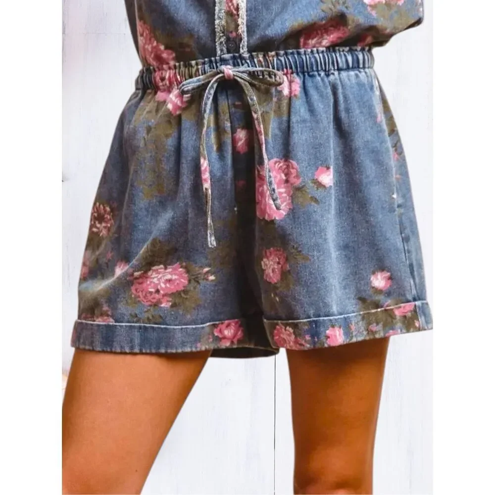 BiBi Floral Denim Short High Rise Drawstring Pink Rose Print Relaxed Fit Pockets - Picture 2 of 12